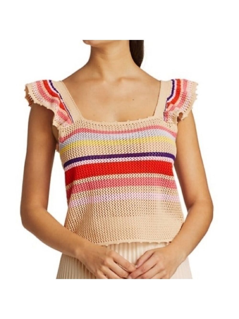 Rails Naomi Ruffle Knit Crochet Tank Top Rainbow Tan Multi Stripe